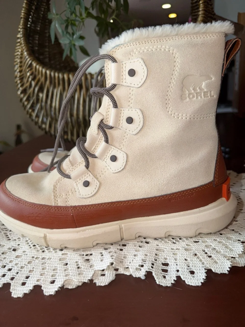 Sorel Cream and Brown Faux-Fur Lace-Up Winter Boots
